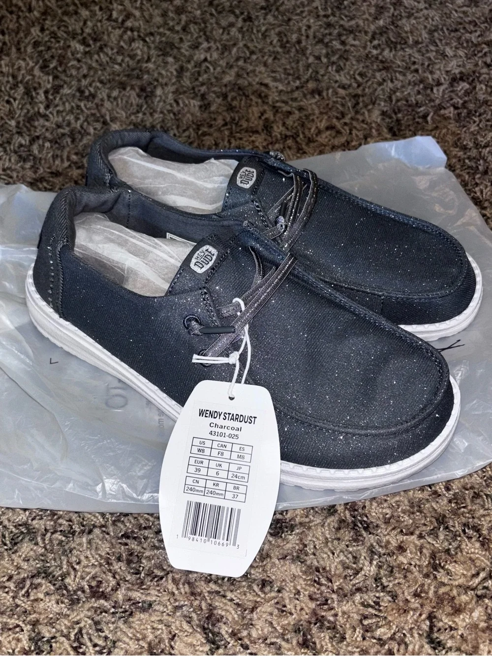 Hey Dude Wendy Stardust Charcoal Women's Loafer Comfort Glitter Slip On Size 8